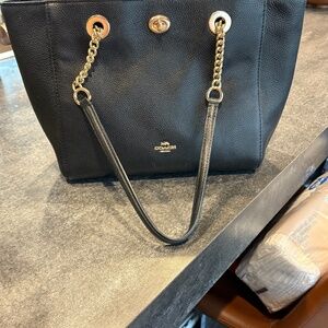 Coach 57107 Turnlock Chain Tote 27 Black Pebbled Leather Shoulder Bag